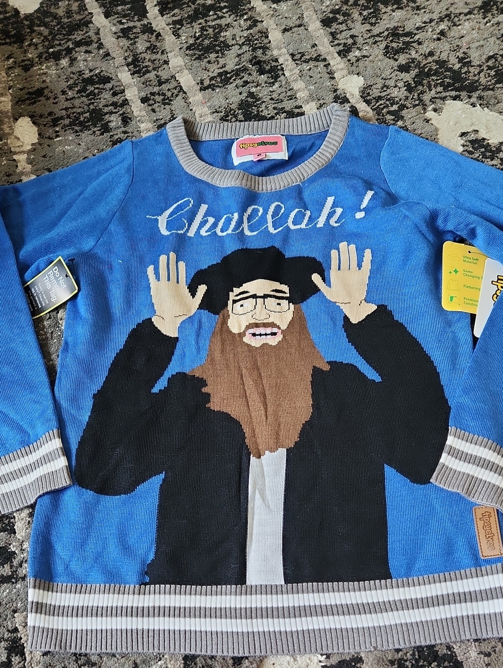 Tipsy Elves Blue Crewneck Sweater with 'Challah!' Graphic